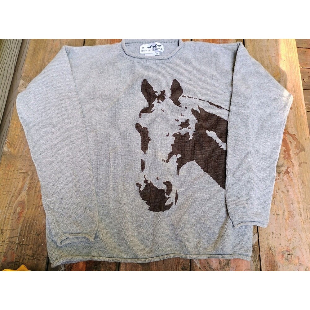 Back In The Saddle Horse Head Equestrian Gray Sweater Sz Medium